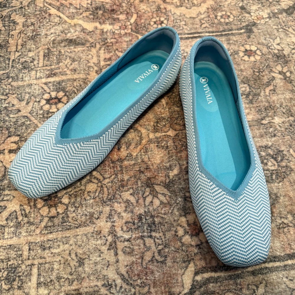 VIVAIA Margot Square Toe Knit Flats Blue White Herringbone Size 41.5 Womens 10